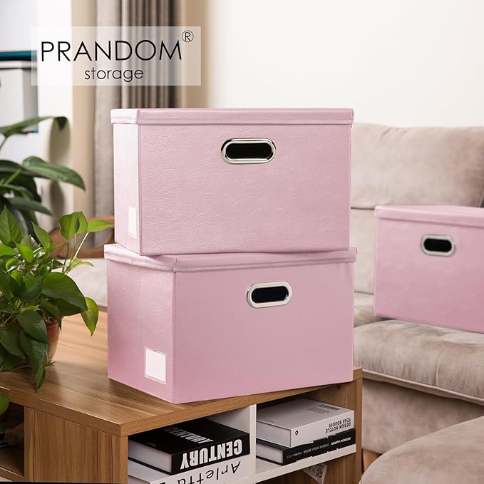 Foldable Storage Bins with Lids [5-Pack] Leather Fabric Collapsible Storage Boxes Organizer Containers Baskets Cube with Cover for Bedroom Closet Office Nursery Pink (14.9x10.8x10) - Image 2