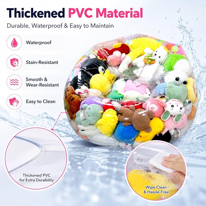 Clear Stuffed Animal Storage Bean Bag Chair Cover for Kids with Zipper | Transparent Waterparoof Wipe Clean Thicker PVC, Holds 100+ Stuffed Animals, Double Zipper for Plush Toys Storage & Organizing - Image 5