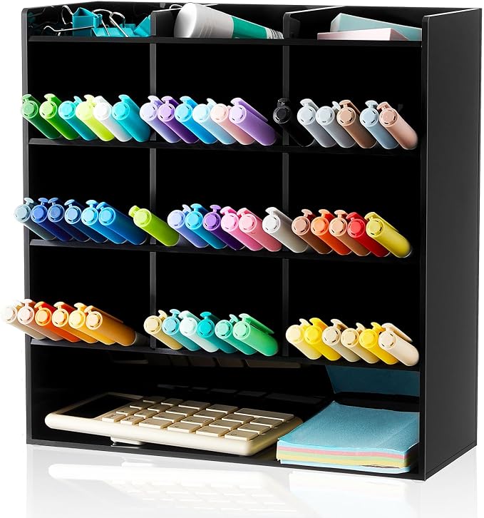 MotiMind Acrylic Pen and Marker Organizer for 150 Markers | 13 Compartments, Vertical Marker Pencil Organizer, Acrylic Pen Display Holder, Art Supply Storage for Desk Stationery, Black by MotiMind