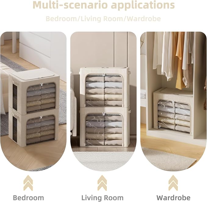 FHSQX 2 Pack Clear Window Storage Bins - Large Stackable Linen Fabric Storage for Clothes Foldable Container Organizer Set with Carrying Handles (Beige, 16.5x 12.2x 12.2Inch) - Image 6