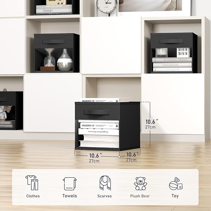 DIMJ Cube Bins, 6 Packs Fabric Storage Cubes with Clear Window, Storage Bins with Handles, Storage Baskets for Organizing Living Room, Bedroom, Office, Black - Image 2