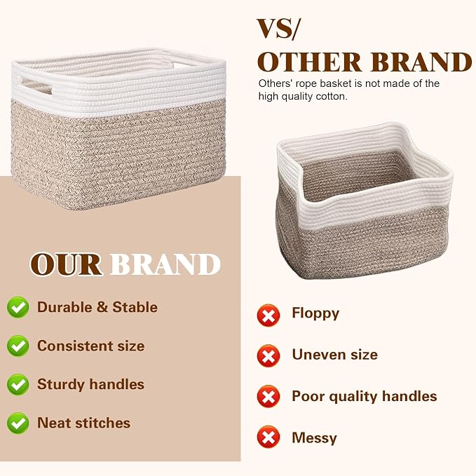 Storage Baskets for Organizing, 4 Pack Baskets for Shelves, Decorative Storage Bins for Shelves, Cotton Rope Storage Basket with Handles, Woven Basket for Storage, 13''Lx8.7''Wx7.9''H, White & Brown - Image 4