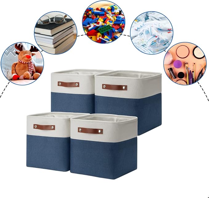 DULLEMELO [Set of 4 Storage Cubes Baskets for Organizing, 11 x 11 x 11 inch Cube Storage Organizer Bins with Leather Handles, Foldable Fabric Cloth Bins for Cube Storage(4 Pack - 11" White&Blue) - Image 5