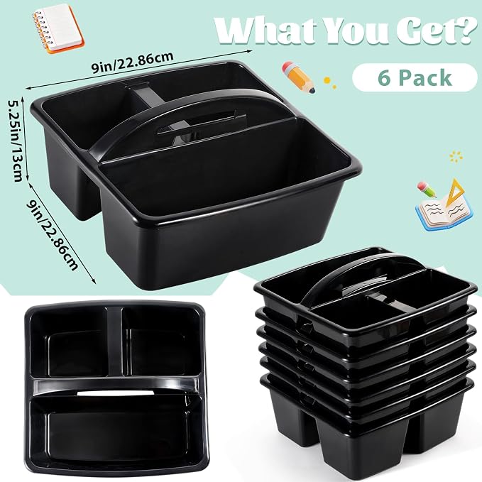 6 Pack Classroom Caddy with Handle Plastic Storage Caddy Organizer with 3 Compartments Desk Caddies Holder Portable Storage Bin for Pencil, Crayon, Marker, Home, Office, School Supplies(Black) - Image 2