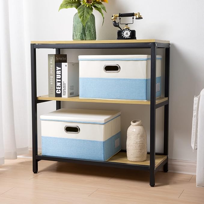 Large Foldable Storage Boxes with Lids [3-Pack] Fabric Collapsible Storage Bins Organizer Containers Baskets Cube with Cover for Home Bedroom Closet Office Nursery Blue&Cream(17.7x11.8x11.8) - Image 2