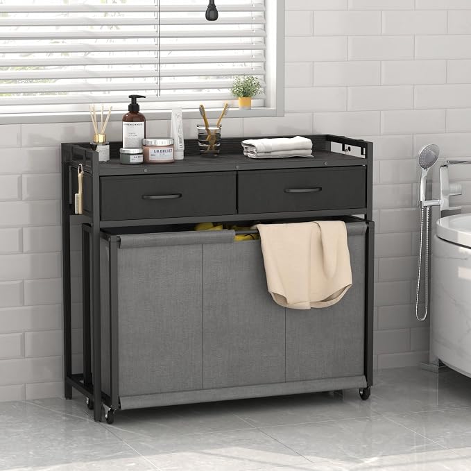 STIKELY Laundry Hamper Laundry Basket with 3 Section Pull-Out Rolling Bags, Laundry Sorter for Organization and Storage with 2 Pull-Out Drawers for Laundry Room, Bathroom, Bedroom Use (Black) - Image 2