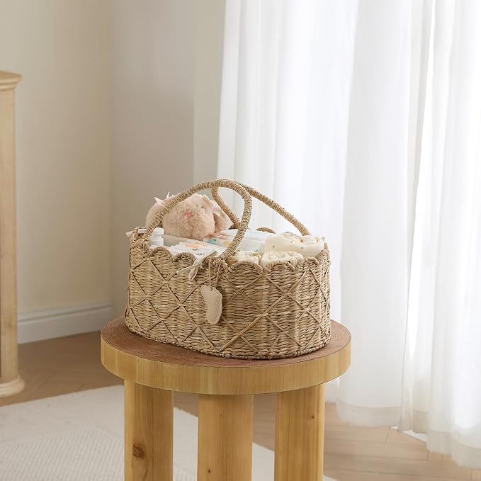 YANGQIHOME Diaper Caddy Organizer, Seagrass Nursery Baby Basket for Baby Essentials, Scalloped Wicker Diaper Caddy, Baby Shower Gifts (Diamond) - Image 6