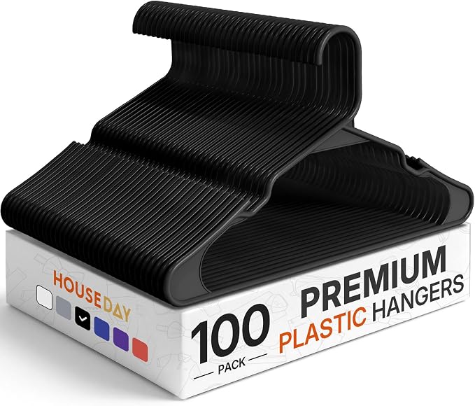 HOUSE DAY Black Plastic Hangers 100 Pack, Slim Space Saving Clothes Hangers | Durable Hangers for Shirts, Coats, Pants and Dresses, Non-Slip Notches Hold Straps, Bulk Pack for Whole-Home Closet Storage by HOUSEDAY