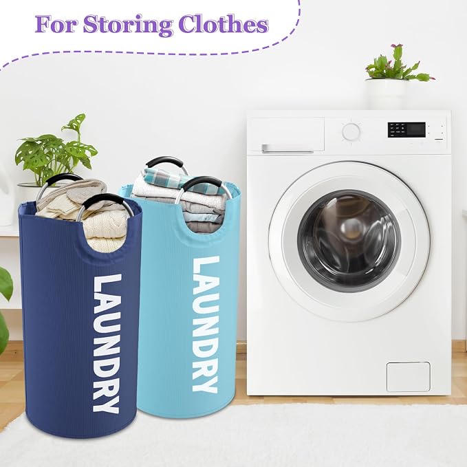 2Pcs 95L Large Clothes Hampers, Foldable Laundry Basket with Handles | IHOMAGIC Tall Laundry Bin, Water-Resistant Dirty Clothes Hamper, Portable Storage Basket for Family, Apartment,Blue+Navy Blue - Image 4