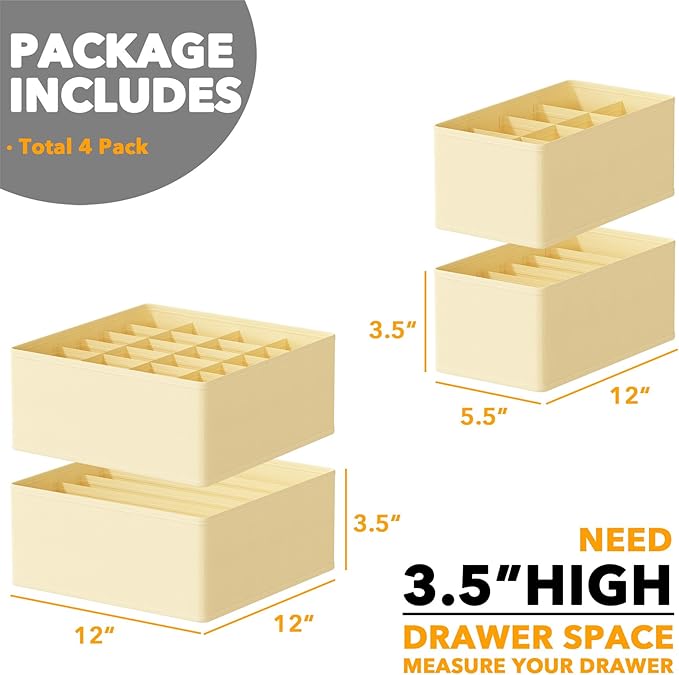 SpaceAid Underwear Drawer Organizer, 4 Pack Dresser Organizer Bins for Nursery, Closet Organization and Storage with Dividers for Baby Clothes Socks Bra Ties Scarf (Beige) - Image 3