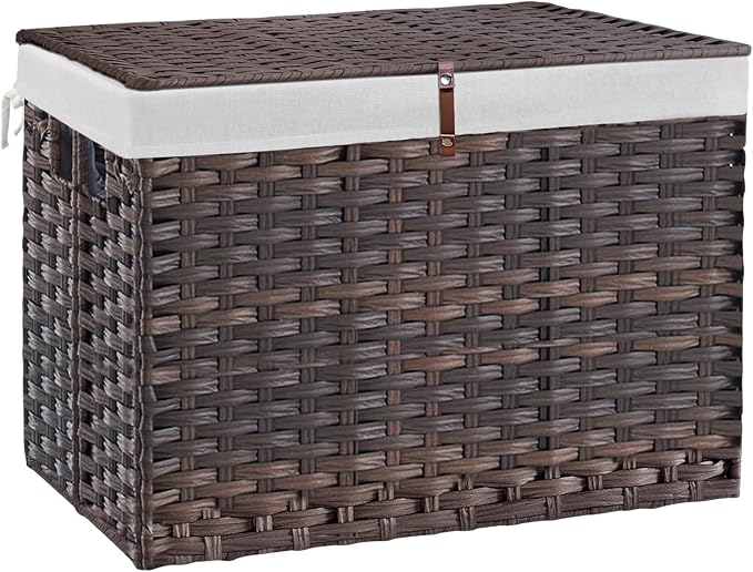 240L Wicker Storage Basket with Lid, Handwoven Rattan Large Shelf Basket with Removable Liner, 63.5 Gallon Wicker Basket for Blanket, Storage Trunk with Handle for Closet, Bedroom, Livingroom, Brown by Hiagnete
