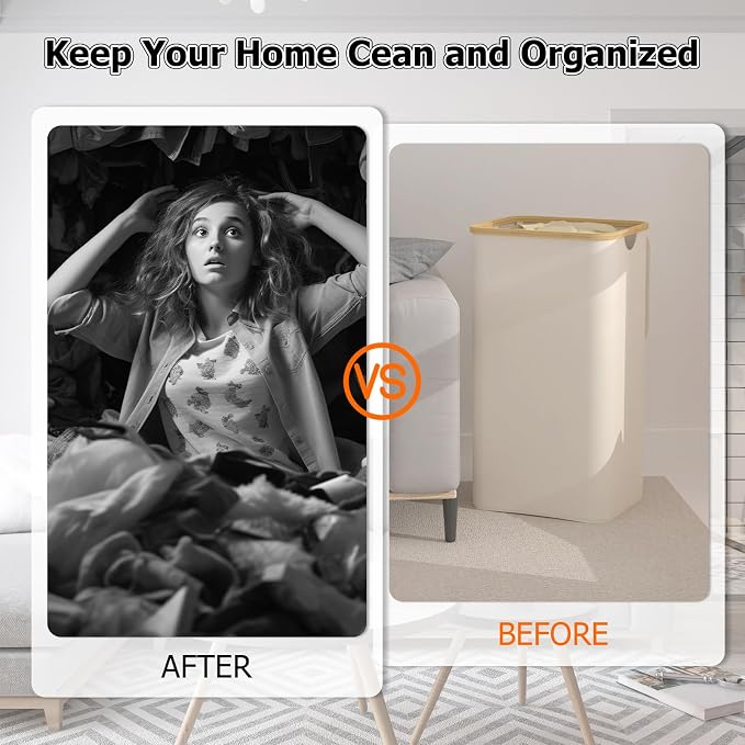 Laundry Hamper with Lid, 100L Tall Laundry Basket with Handles, Dirty Clothes Hamper with Removable Laundry Bag for Bathroom Bedroom Dorm Room Clothes Toys Towels (100L Beige) - Image 2