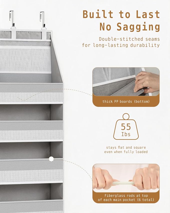 KMSCO Over The Door Organizer 6 Large +13 Mesh Side Pockets | 55lbs capacity, heavy duty non-woven fabric.Ideal for nursery, bathroom, pantry, closet. Grey, 1 pack. - Image 4