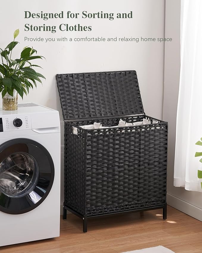 SETVSON Laundry Hamper with Lid, 35 Gal 3-Bag Clothes Sorter, Black | Large Family Laundry Trunk with Lid, 3 Compartment Sorting Liner, 6 Wash Bags, Elevated PE Rattan Bin with Handles - Image 6