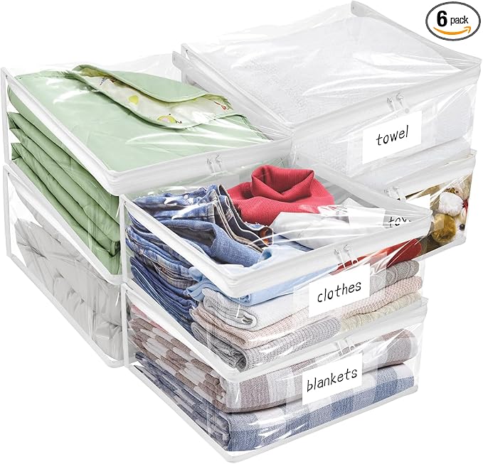 Plastic Storage Bags with Easy-Glide Zipper, Pack of 6, Durable Clear Vinyl Zippered Storage Bags for Clothes Sweaters Comforters Blankets Sheets Bedding (21.6 x 13.7 x 12.4 Inch, Transparent White) by Kikerike
