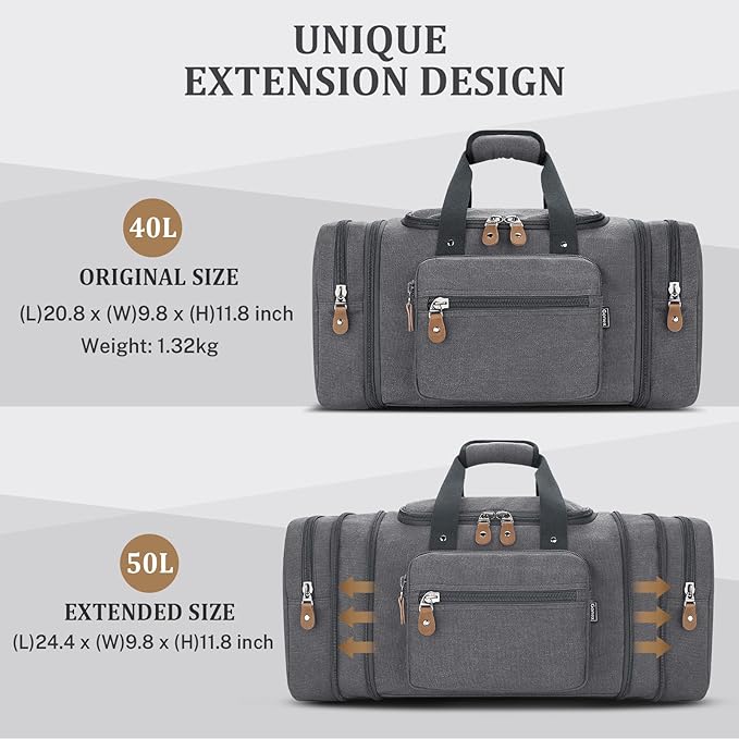 Gonex Canvas Duffle Bag, Expandable 50L Travel Overnight Weekender Bag | for Men, Multiple Pockets, Carry-On Size, Durable Zippers, Detachable Strap, Gray - Image 5