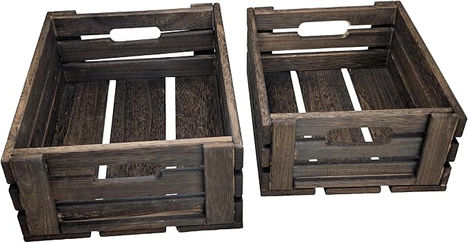 ARTAWEIN Set of 2 Rustic Wooden Crates for Display & Storage - Nesting Farmhouse Wood Boxes with Handles - Decorative Stackable Storage Baskets for Home Decor, Pantry, Kitchen, Bathroom - Carbonized - Image 2