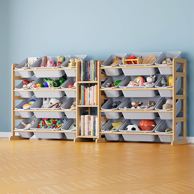 SpaceAid Large Toy Storage Organizer with 24 Bins and 3 Shelves, Toy Organizers Storage Bookshelf, Kids Bin Shelf Box Bookcase for Bedroom Playroom Organization Room Decor, Neutral Gray by SpaceAid