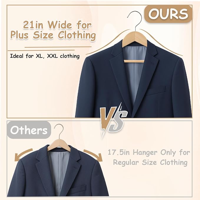 Urby 12pk 21 inch Wide Shoulder Wooden Hangers, Original Wood Color | For Plus Size Cloth, No Shoulder Bump Design, Non Slip Pants Bar, For XXL Suit, Jackets, Heavy Cloths, Easy-to-Install Hook - Image 3