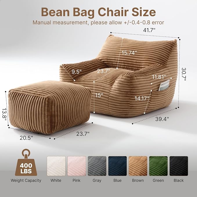 Oversized Bean Bag Chair with Ottoman, Bean Bag Couch with 2 Side Pockets, Corduroy Boneless Couch Chair in a Box, Comfy Lounge Chair for Living Room, Bedroom, Dorm, Brown - Image 2