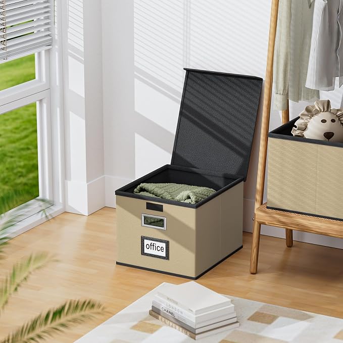 Foldable File Organizer Box with Lids (2 Pack, Khaki, Leather) | File Box with Plastic Slides for Document, Filing Bin for Letter Size Hanging File Folders (2 Pack, Khaki, Leather) - Image 5