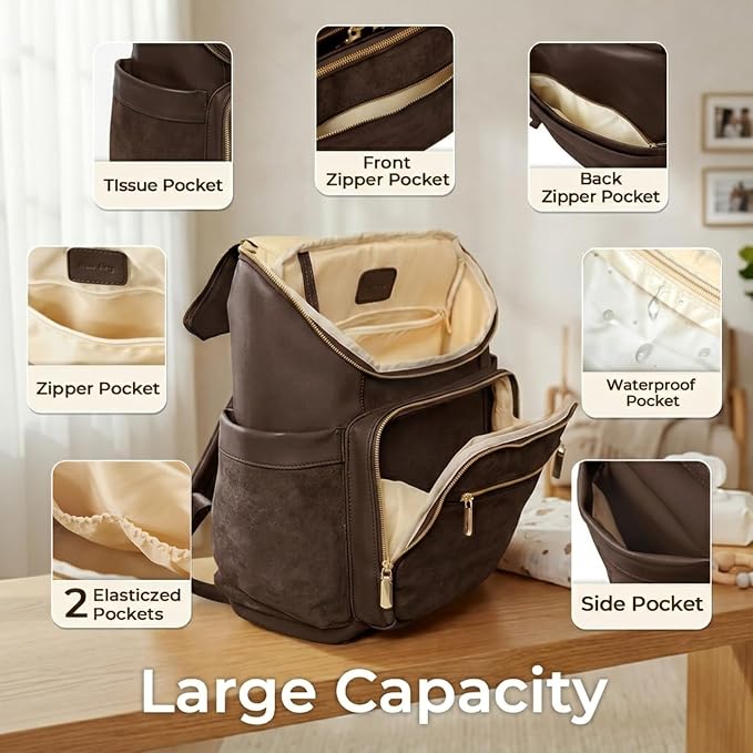 miss fong Leather Diaper Bag Backpack Suede Baby Backpack with Changing Pad | 14Pockets Convertible Mommy Diaper Backpack for Mom Waterproof Wet Pocket,Insulated Pockets,Stroller Straps Luggage Sleeve - Image 5
