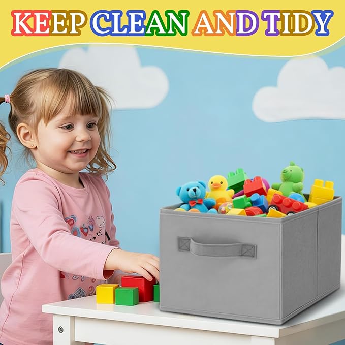 Yinder 4 Pcs Cube Storage Bin Gray 14''x10''x8'' Storage Bins for Playroom Decor Colorful Bins for Kids Foldable Baskets for Nursery Organizer Boxes Fabric Boxes - Image 3