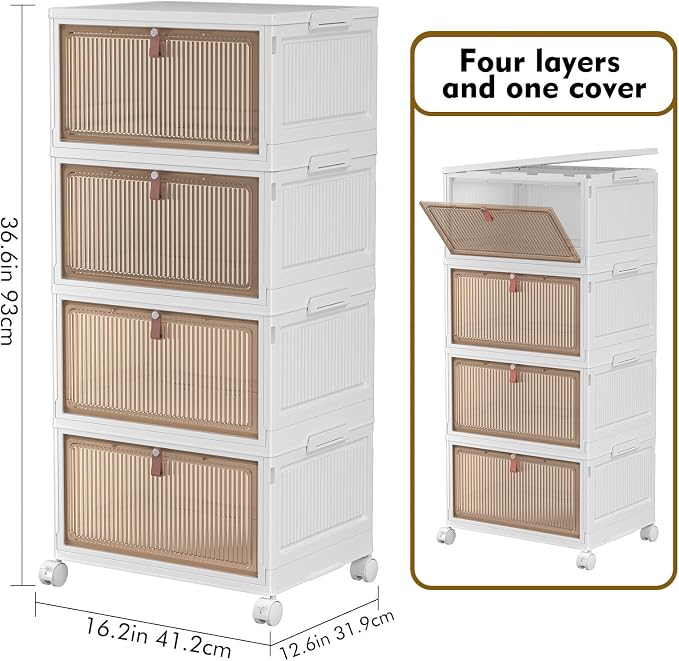 4 Tier Plastic Storage Bins with Lids 28QT, Stackable, Wheeled, Collapsible, Closet Organizers for Living Room, Office, Dorm - Image 3