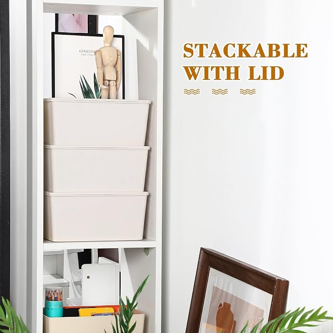 4 Pcs Storage Bins with Lids, Beige, Small | Plastic Stackable Organizing Containers, Heavy Duty Storage Boxes for Classroom Room Shelves, Christmas Ornaments Baskets - Image 4
