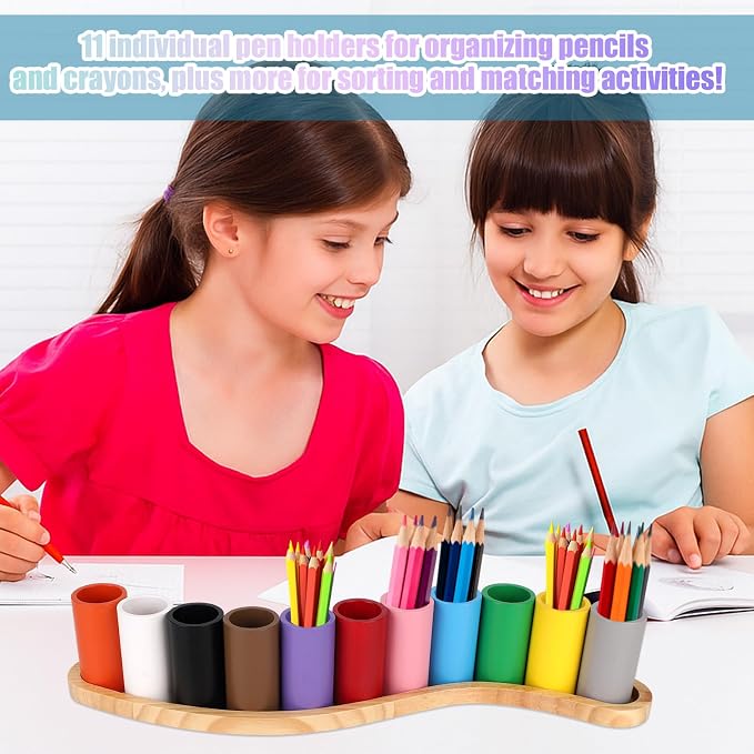 Wooden Colored Pencil Holder, Crayon Organizer | with 11 Colorful Cups Pencil Storage Box with S-Shaped Base for Children Office School Supplies - Image 4