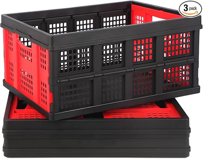 55L Collapsible Storage Bins with Handle 3 Packs, | Stackable Platic Storage Crates for Organizing Tools, Books, Food, Drinks, Camping & Home by Shineyaplus