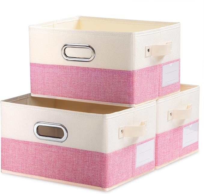 Fodable Storage Bins for Closet [3-pack] Decorative Fabric Storage Baskets Cubes with Leather/Metal Handles for Shelves Bedroom Living Room Pink&Cream (11.5x8.5x6.7 Inch) by Prandom
