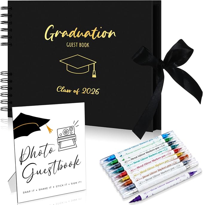 12 Pcs 2026 Graduation Guest Book with Photo Sign Decor 80 Pages Class of 2026 Scrapbook Photo Album with 10 DIY Dual Tip Metallic Markers Pens Gift, Exclude Camere(Graduation Cap,Black,10.4 Inches) by MotiMind