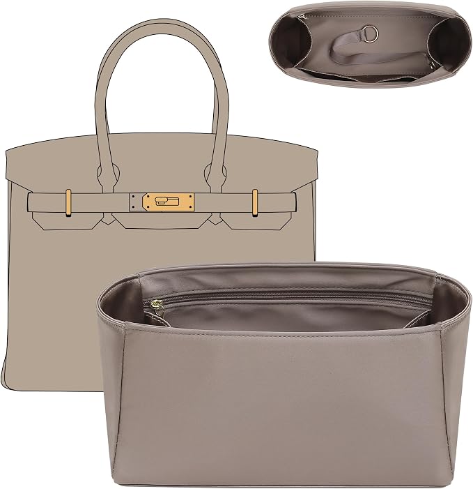 Satin Purse Organizer Insert for Hermes Birkin 30, Etoupe Grey | Satin Birkin 30 Insert, 6 Pockets, Zippered Pocket, Keychain, Lightweight, Scratch Resistant, Keeps Shape, Easy Clean by Doxo