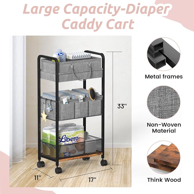 LIDTOP 2In1 Baby Diaper Caddy & 3-Tier Rolling Diaper Cart, Diaper Caddy Organizer Cart with Dividers, Mobile Metal Utility Cart for Nursery Essentials, Detachable Bedside Cart, Large Capacity - Image 2