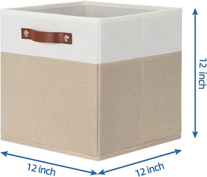 Temary Fabric Storage Cubes - 12 Inch Collapsible Bins (4Pack) - Empty Gift Baskets for Organizing Shelves, Closets, Nursery (White & Khaki) - Image 2