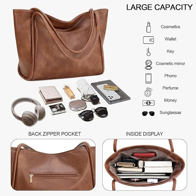 GAEKEAO Tote Bag for Women Vegan Leather Zipper Shoulder Bags Travel Purses | Large Capacity Purse Handbags, Inner Pocket with Key Clip, Fits 14" Laptop, for Casual Work Dating Commute Daily Weekender - Image 5