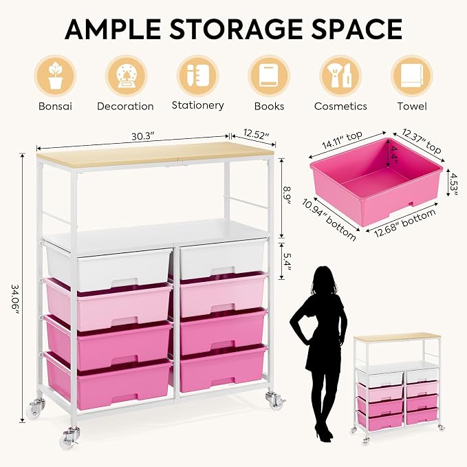 Rolling Storage Cart with 8 Large Drawers, Wooden Tabletop | Open Storage Shelves, Mobile Craft Organizer with Lockable Wheels for Home, Classroom, Office Supplies & Art Studio,Pink - Image 3