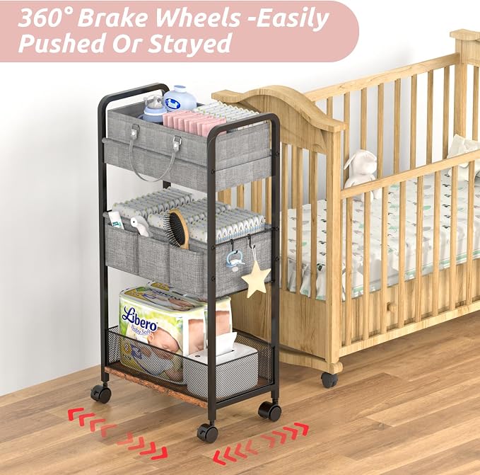 LIDTOP 2In1 Baby Diaper Caddy & 3-Tier Rolling Diaper Cart, Diaper Caddy Organizer Cart with Dividers, Mobile Metal Utility Cart for Nursery Essentials, Detachable Bedside Cart, Large Capacity - Image 7