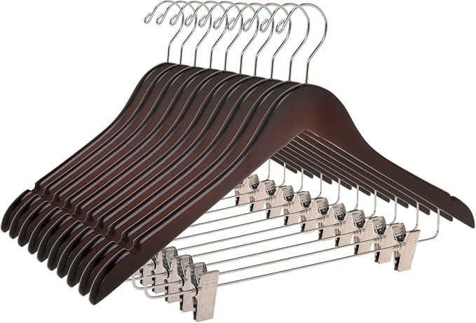 Quality Wooden Skirt Hangers with Clips Smooth Solid Wood Pants Hangers with Durable Adjustable Metal Clips, Swivel Hook, Coat, Jacket, Blouse Suit Hangers (Mahogany, 10) by QualityHangers