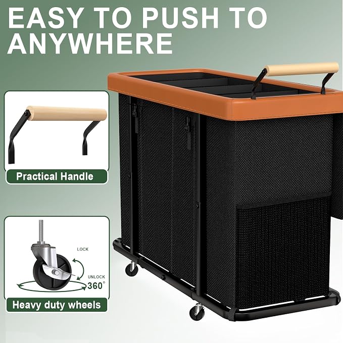 Laundry Hamper 4 Section with Lid, 300L Rolling Basket Hamper with Handle | Laundry Basket with Wheels,Organizer Storage Cart with Sturdy Metal Frame for Laundry Room Black - Image 3