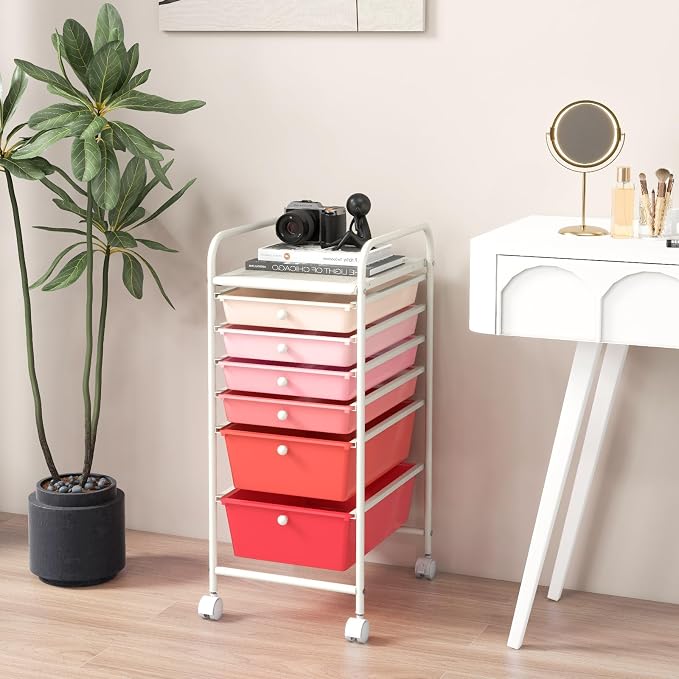 GOFLAME 6-Drawer Rolling Storage Cart, Multifunctional Art Craft Organizer Cart, Mobile Utility Storage Cart with Removable Drawers & Lockable Wheels, Craft Cart for Home Office, School, Pink - Image 7