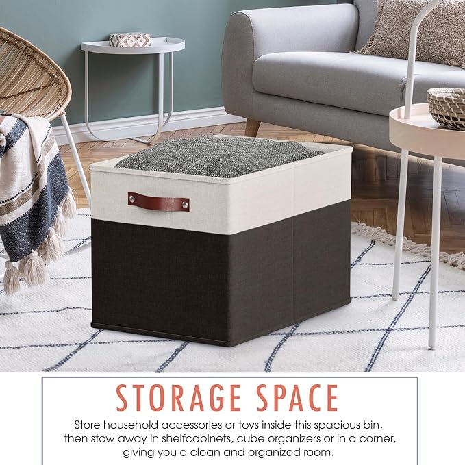 Ornavo Home 13x15x13 Foldable Fabric Storage Cube Bins, 6 Pack, White/Black | Collapsible Linen Shelf Basket Organizer; Leather Handles; Fits Cube Storage Shelving Units - Image 5