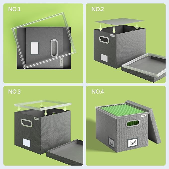File Organizer Box - File Boxes for Hanging Files with Lid Set of 2 Decorative Hanging Folders Letter Size Organizer with One-Piece Plastic Frame Slides (Grey, 13.2 * 10.1 * 10.1in(2Pack)) - Image 2
