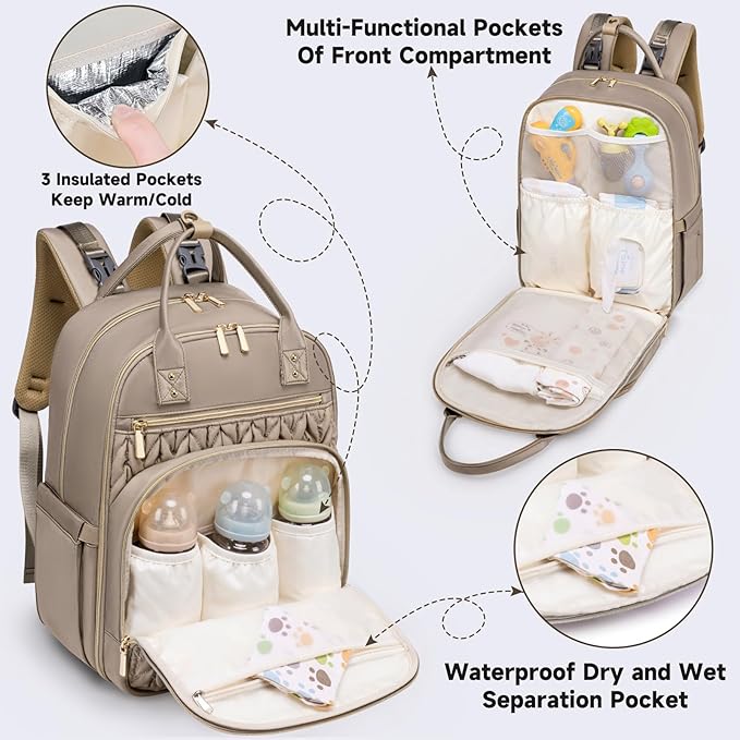 Tealari Diaper Bag Backpack,Stylish Baby Diaper Bag,Waterproof Travel Diaper Backpacks Baby Bags with Changing Pad,Stroller Straps,Insulated Pockets (Khaki) - Image 3