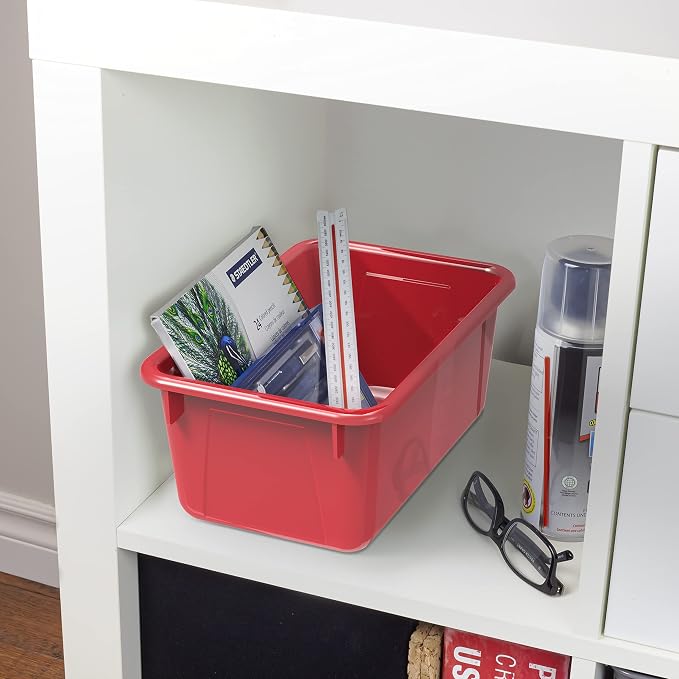 Storex Small Cubby Bins – Plastic Storage Containers for Classroom with Non-Snap Lid, 12.2 x 7.8 x 5.1 inches, Red, 5-Pack (62407A05C) - Image 4