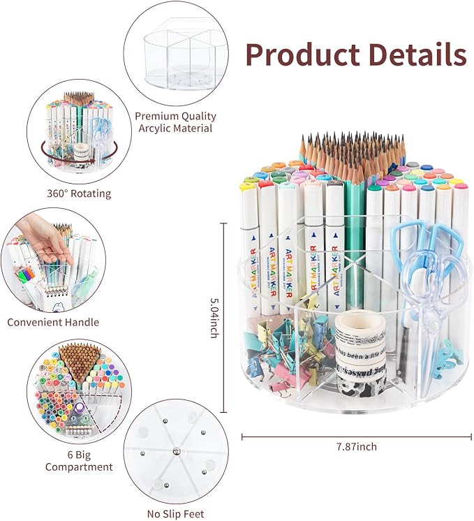 Acrylic Pen Holder Pencil Organizer, 360 Degree Rotating Pencil Holder for Desk, Marker Crayon Organizer for Kids Desk Organizer for Office School Home Art Supply Storage - Image 4