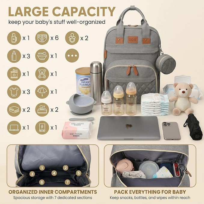 HAWILAND Diaper Bag Backpack for Mom Dad, Large Travel Baby Bag with Station, Lightweight Diaper Bag with Insulated Pockets & USB Changing Port, Grey - Image 2