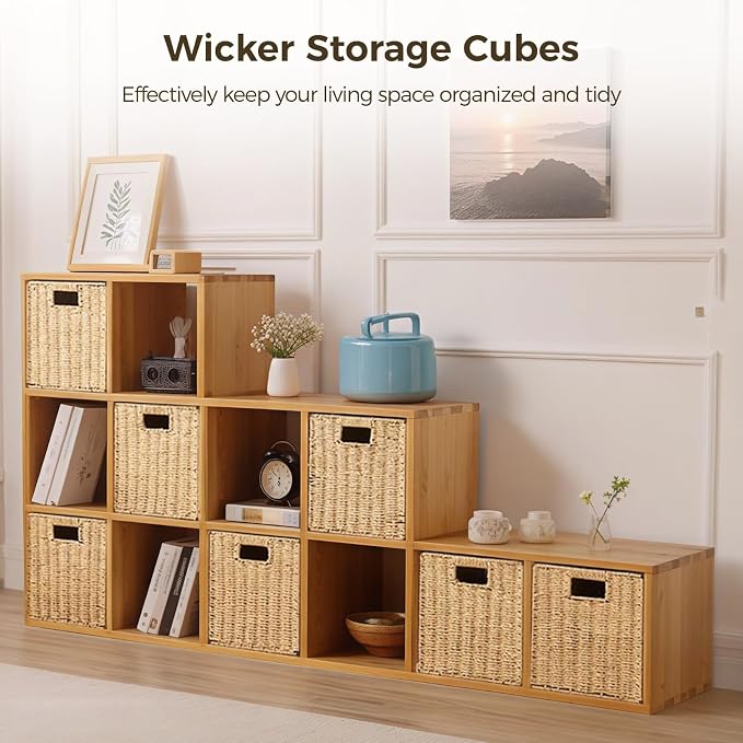 OMISTAR 6 Pcs 8.7 Inch Wicker Storage Cubes Bins - Woven Paper Rope Storage Baskets, Foldable Storage Bins with Handles, Collapsible Square Storage Containers for Shelves, Closets, 8.7×8.7×8.7" - Image 2