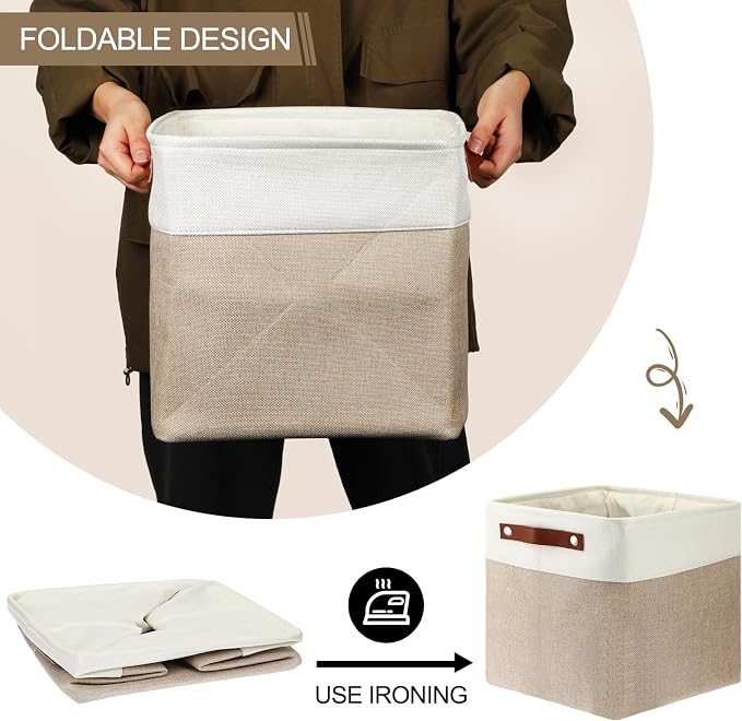 Uiifan 10 Pcs Collapsible Storage Bins Fabric Foldable Storage Basket with Handles Cloth Organizer Linen Shelf Baskets for Shelves Home Closet Nursery Toys(12 x 12 x 12 Inch,Beige and White) - Image 6